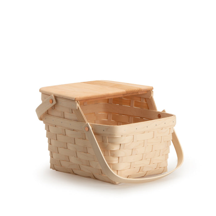 Whitewashed Picnic Basket shown with optional lid and handles down.