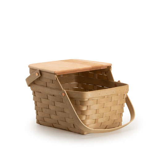 Light Brown Picnic Basket with handles down.