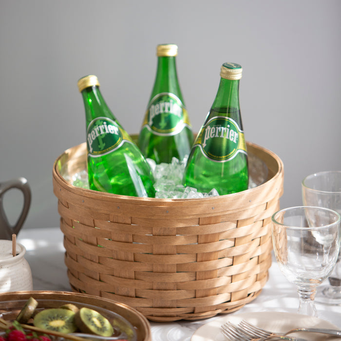 Light Brown Large Round Basket Set with Protector holding drink bottles