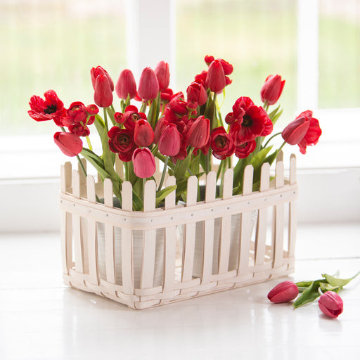 Norman Rockwell Picket Fence Basket Set with Protector - 1973 White holding tulip flowers.