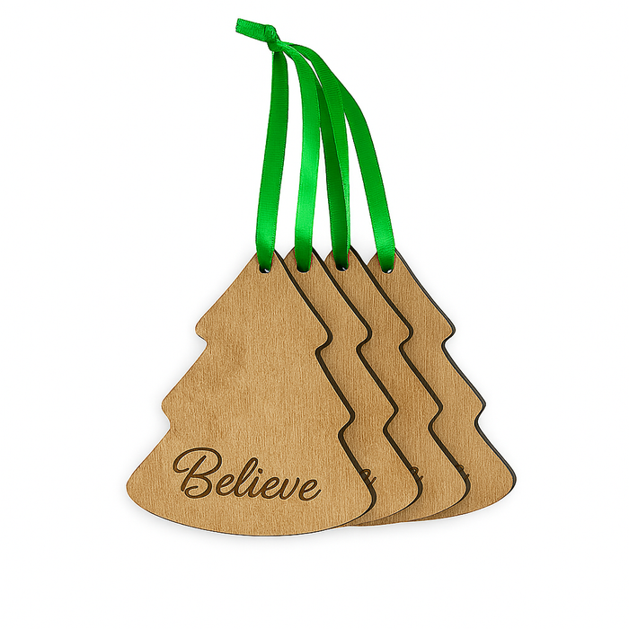 Christmas 4-Piece Wooden Ornament Set - "Believe" Tree