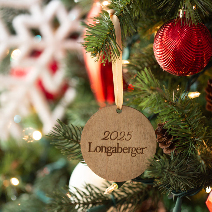 Christmas 4-Piece Wooden Ornament Set - "2025 Longaberger" Round-Ornament Set-Woven Maple Basket-Longaberger