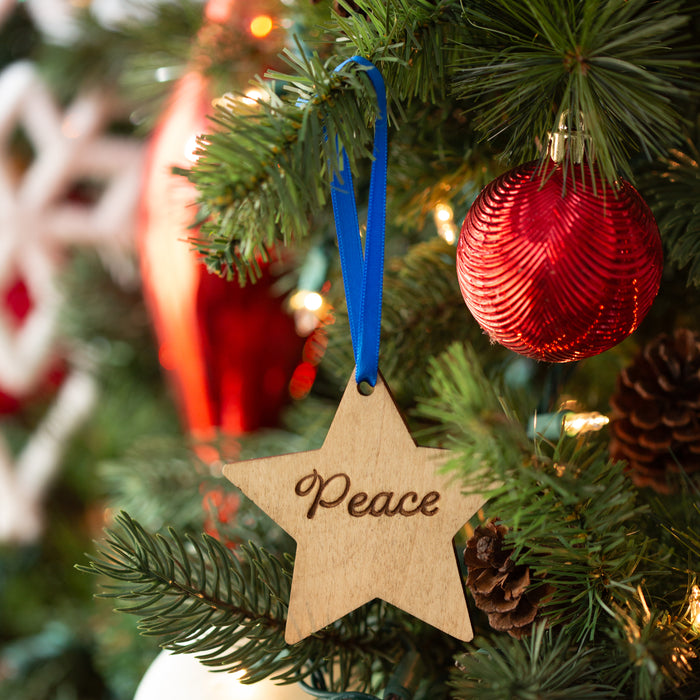 Christmas 4-Piece Wooden Ornament Set - "Peace" Star-Ornament Set-Woven Maple Basket-Longaberger