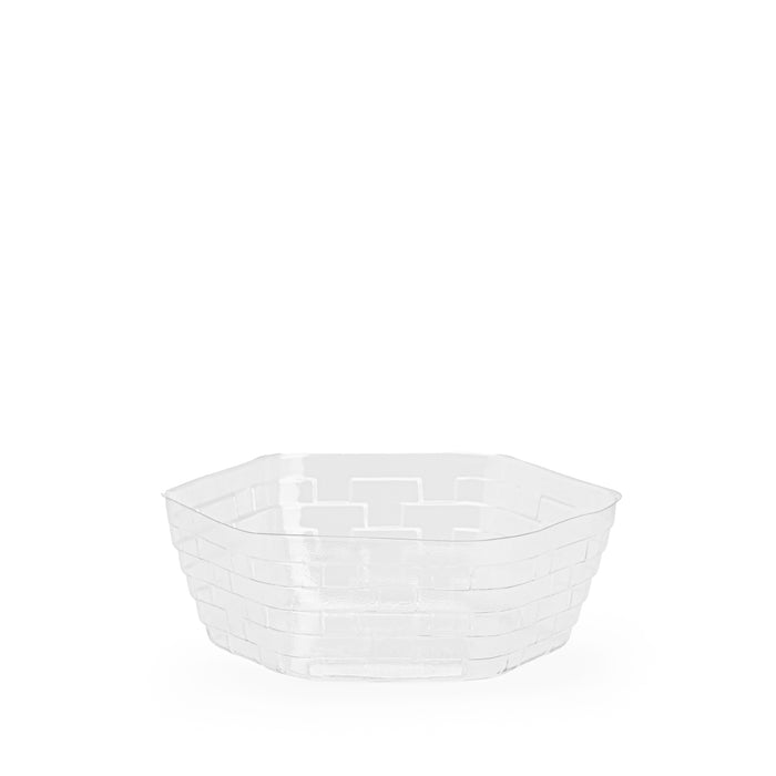 Clear plastic hexagonal basket on a white background