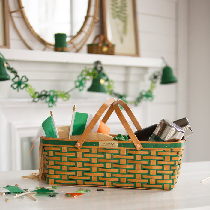 Collector's St. Patrick's Day Large Long Market Basket and Protector - Warm Brown and Shamrock Green
