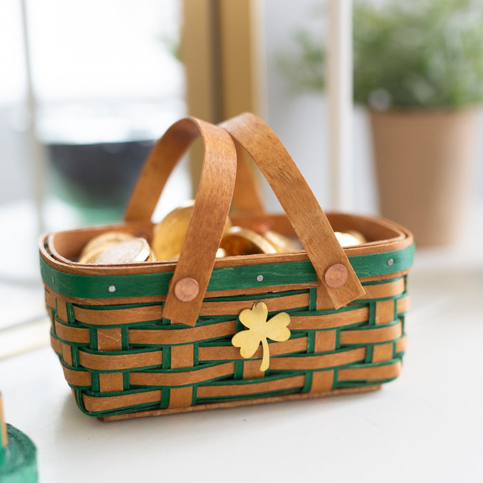 St. Patrick's Day Small Long Market Basket and Protector - Warm Brown and Shamrock Green