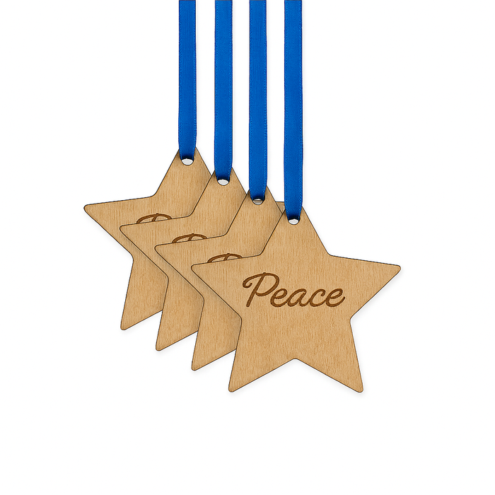 Christmas 4-Piece Wooden Ornament Set - "Peace" Star