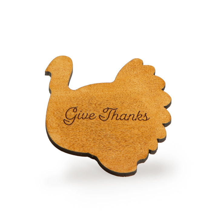 Thanksgiving Give Thanks Wooden Turkey Napkin Ring with Leather Loop - Warm Brown