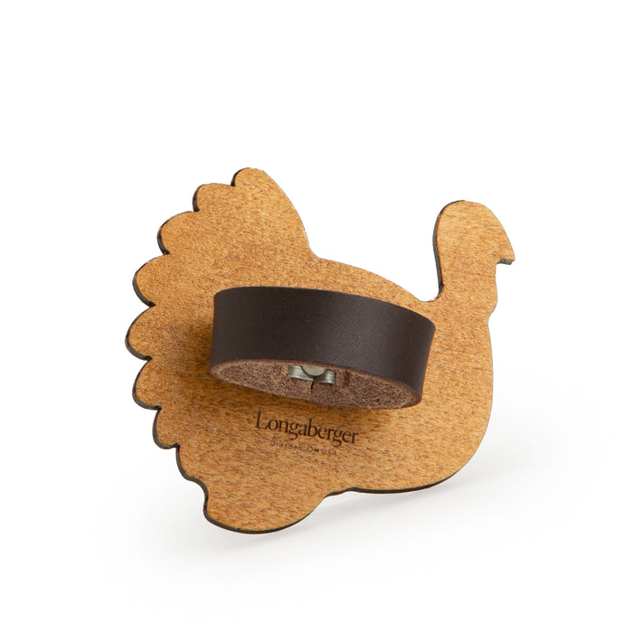 Thanksgiving Give Thanks Wooden Turkey Napkin Ring with Leather Loop - Warm Brown