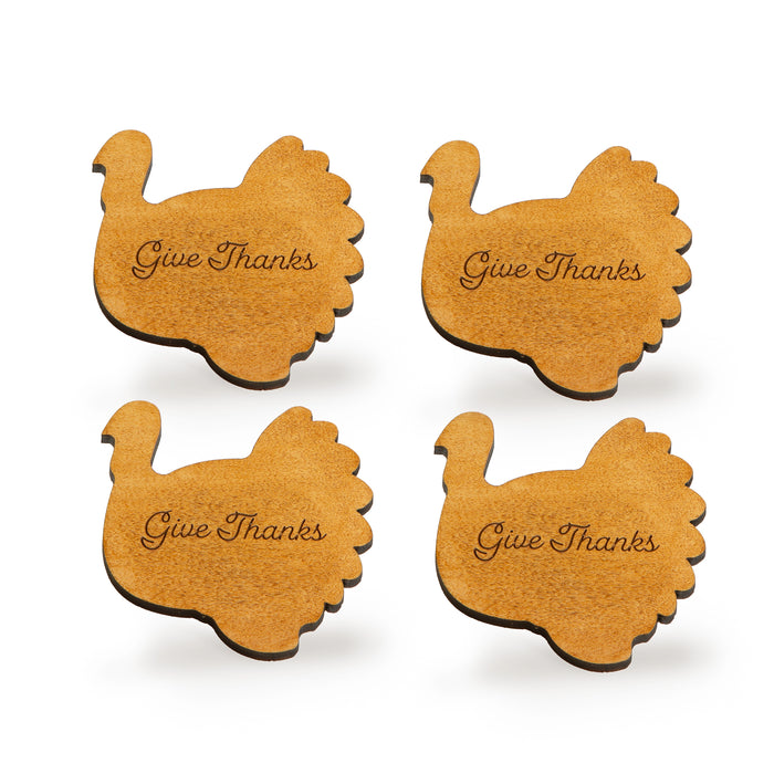 Thanksgiving 4-Piece Give Thanks Wooden Turkey Napkin Ring Set with Leather Loops