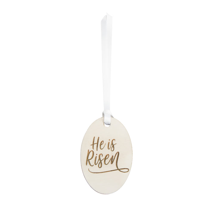 Easter Wooden "He Is Risen" Tie-On - White