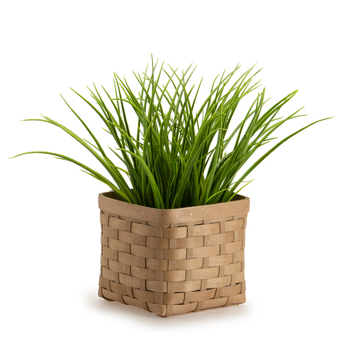 Front of Light Brown Square Organizing Basket with greenery.