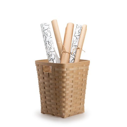 Light Brown Flare Waste Basket holding wrapping paper rolls.