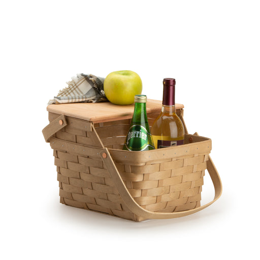 Light Brown Picnic Basket holding wine bottles with an apple and napkin.