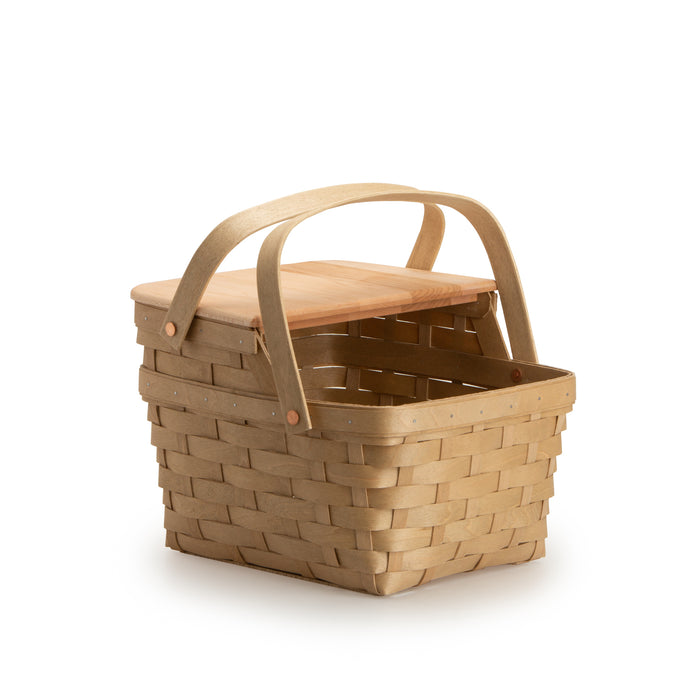 Light Brown Picnic Basket with handles up.