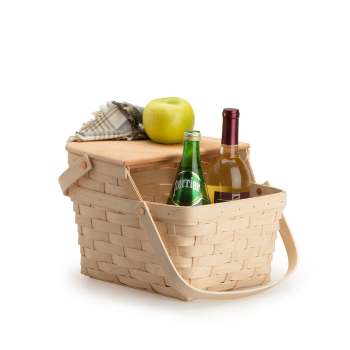Whitewashed Picnic Basket with optional cutting board lid, holding drink bottles and an apple.