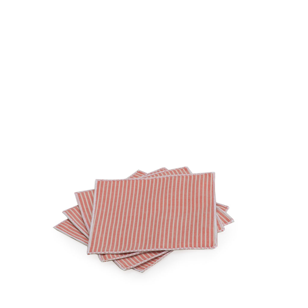 Cocktail Napkin Set - Red Striped Chambray