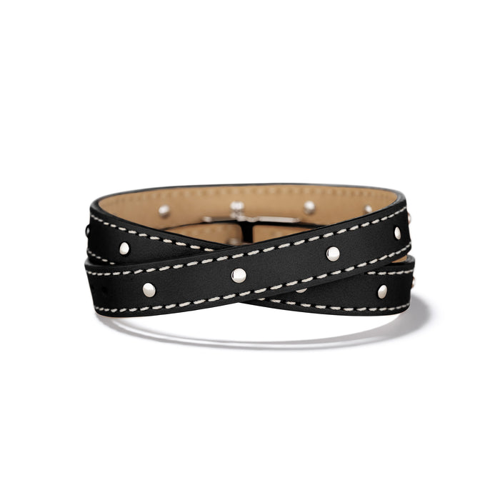 Black Double Wrap Leather Bracelet with Contrast Stitching