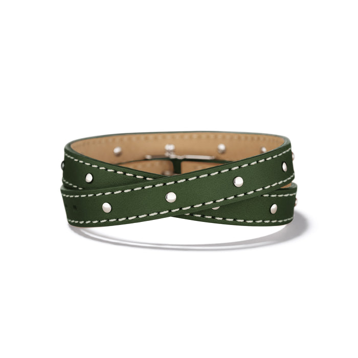 Green Double Wrap Leather Bracelet with Contrast Stitching