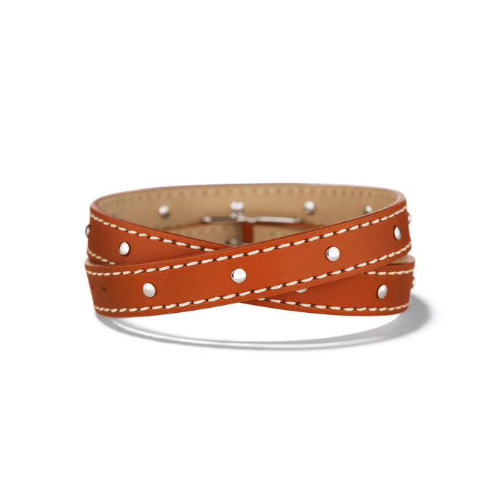 Orange Double Wrap Leather Bracelet with Contrast Stitching