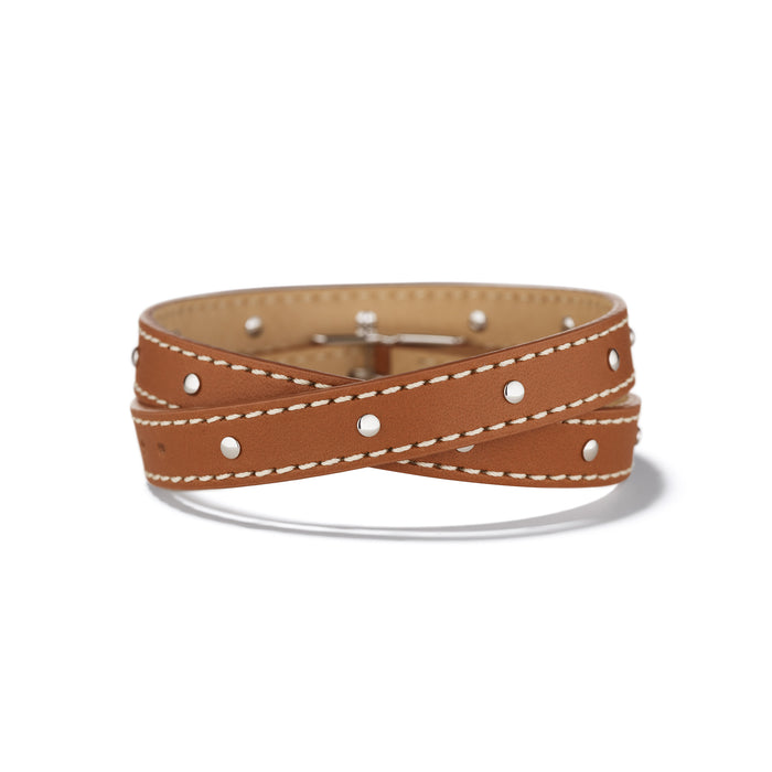 Tan Double Wrap Leather Bracelet with Contrast Stitching