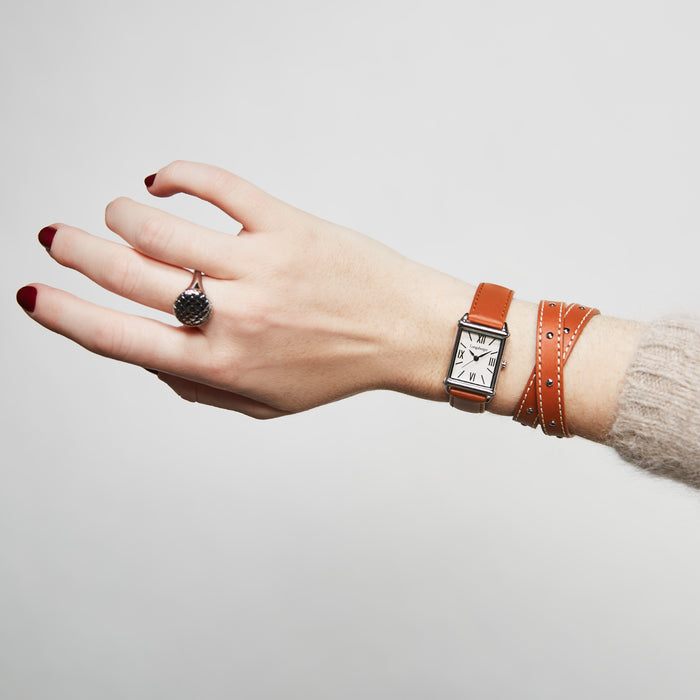 Orange Double Wrap Leather Bracelet with Contrast Stitching
