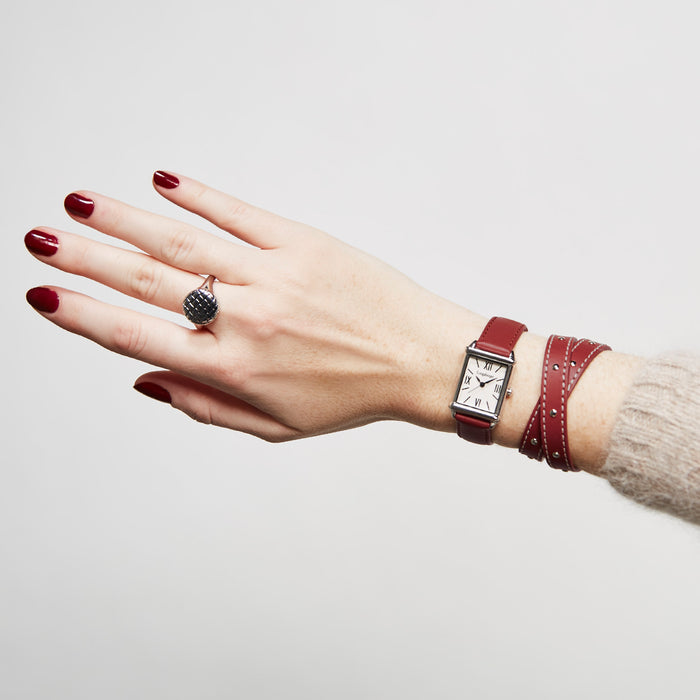 Red Double Wrap Leather Bracelet with Contrast Stitching